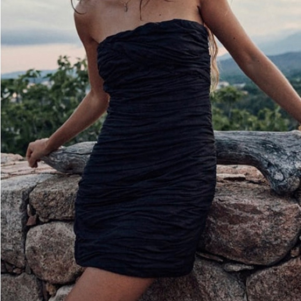 ZARA DRAPED LINEN BLEND STRAPLESS BODYCON MINI BLACK DRESS Sz M